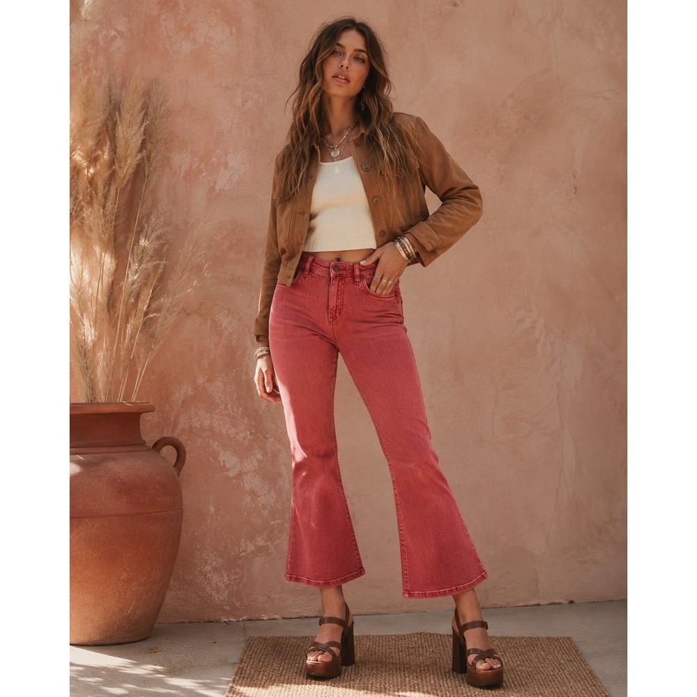 Free People Flare Jeans Womens 28 Dusty Rose Cropped Stretch Denim Boho Pink